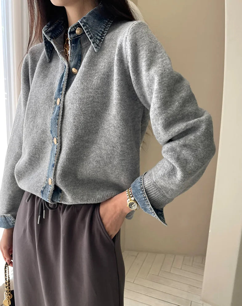 Denvara | Women’s Denim Trim Knit Cardigan